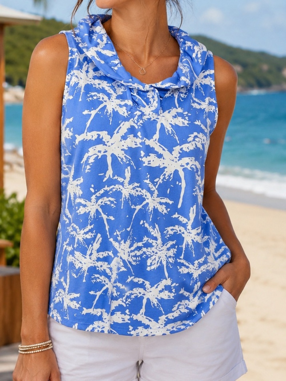 Lulu B Sleeveless Tropical Print Blue and White Ruffle Neckline Trim Top Size S